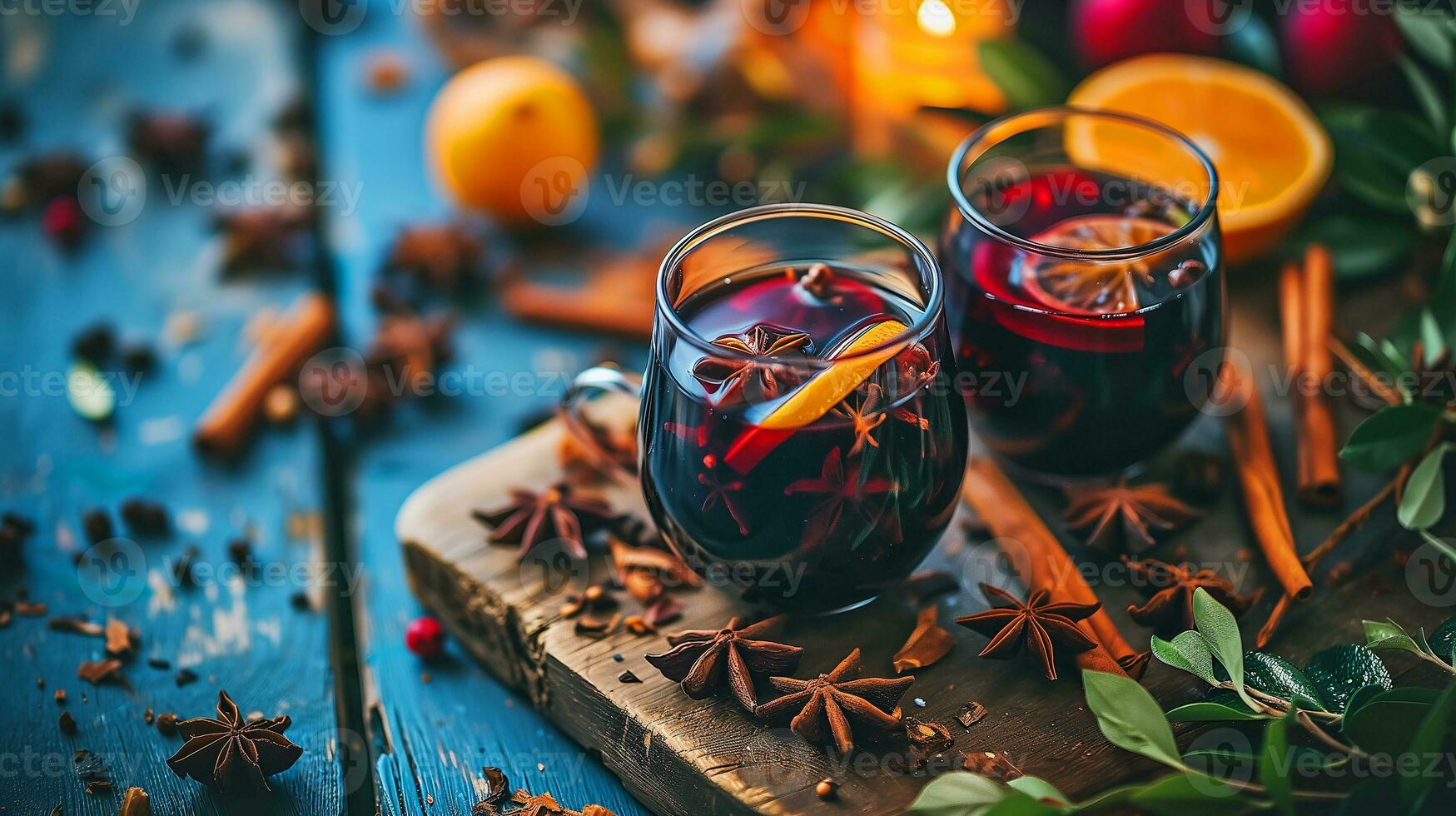 AI generated Mulled wine in beautiful glasses, fruits, oranges, cinnamon, a festive and cozy atmosphere. Photorealistic, background with bokeh effect. AI generated. photo