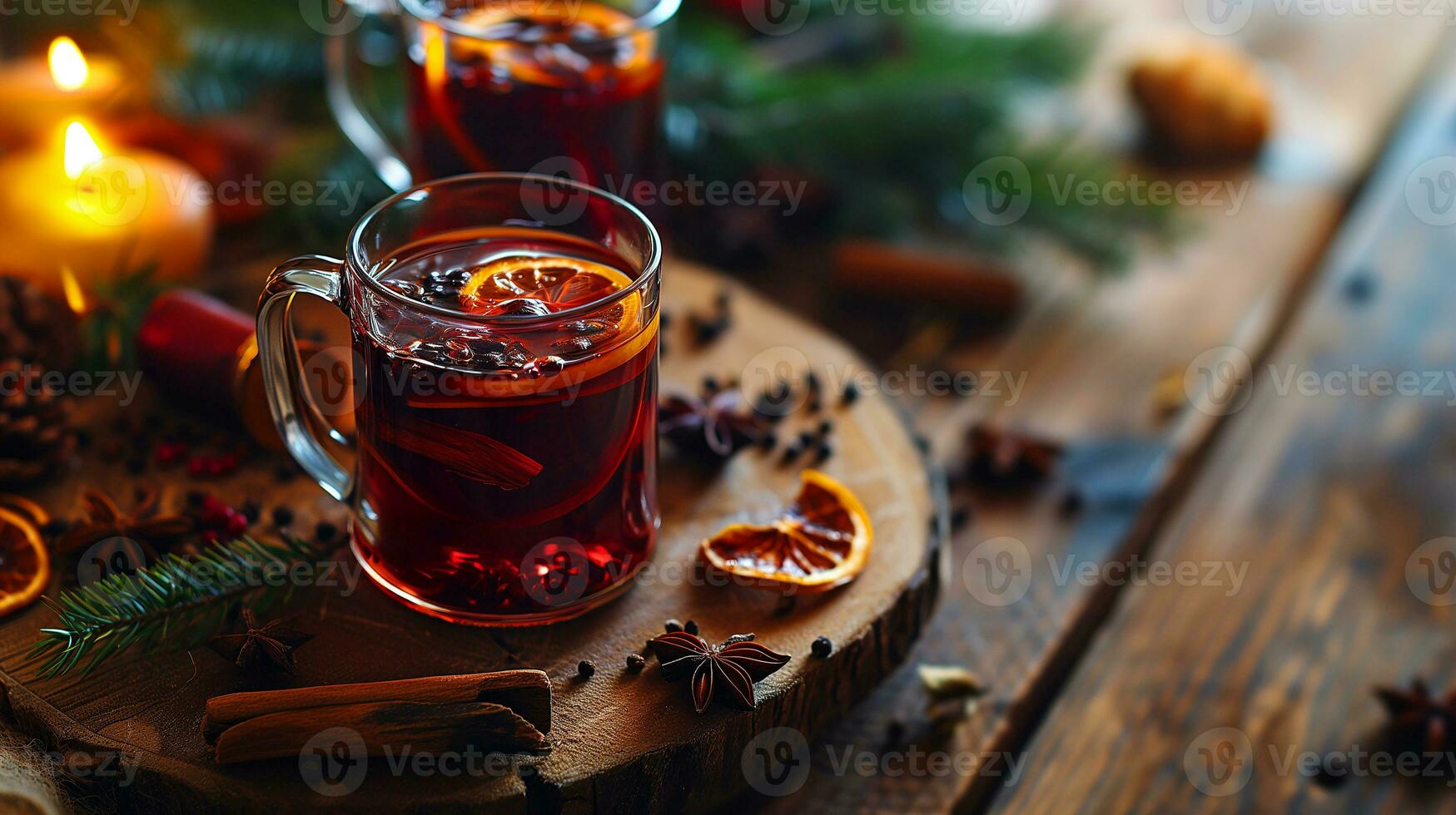 AI generated Mulled wine in beautiful glasses, fruits, oranges, cinnamon, a festive and cozy atmosphere. Photorealistic, background with bokeh effect. AI generated. photo
