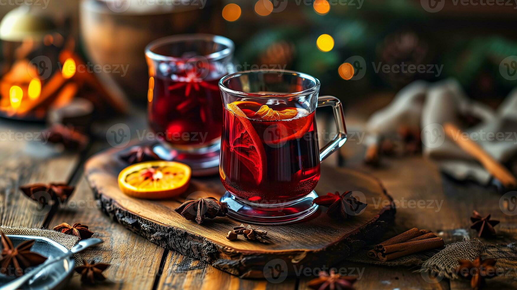 AI generated Mulled wine in beautiful glasses, fruits, oranges, cinnamon, a festive and cozy atmosphere. Photorealistic, background with bokeh effect. AI generated. photo