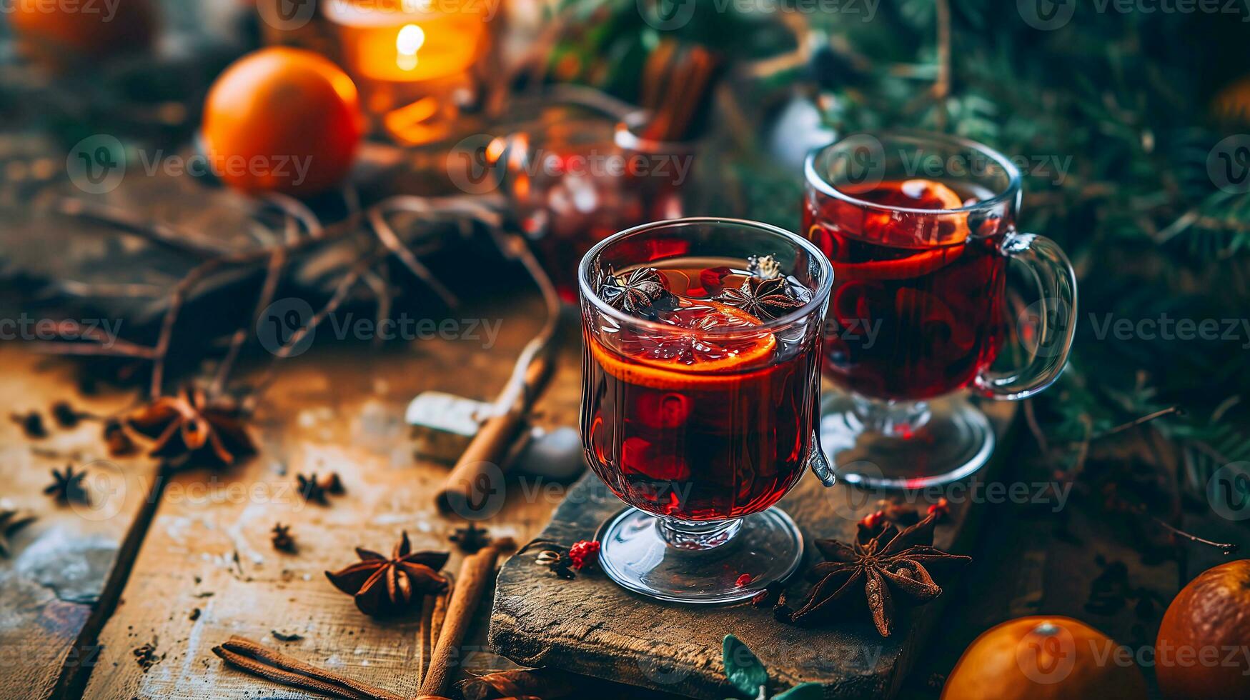 AI generated Mulled wine in beautiful glasses, fruits, oranges, cinnamon, a festive and cozy atmosphere. Photorealistic, background with bokeh effect. AI generated. photo