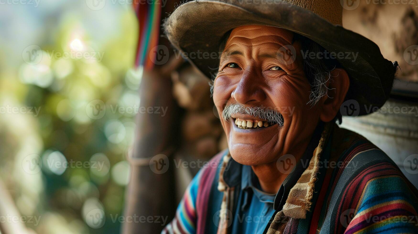 AI generated Portrait of a poor elderly Latin American. A laughing happy man. AI generated illustration. photo