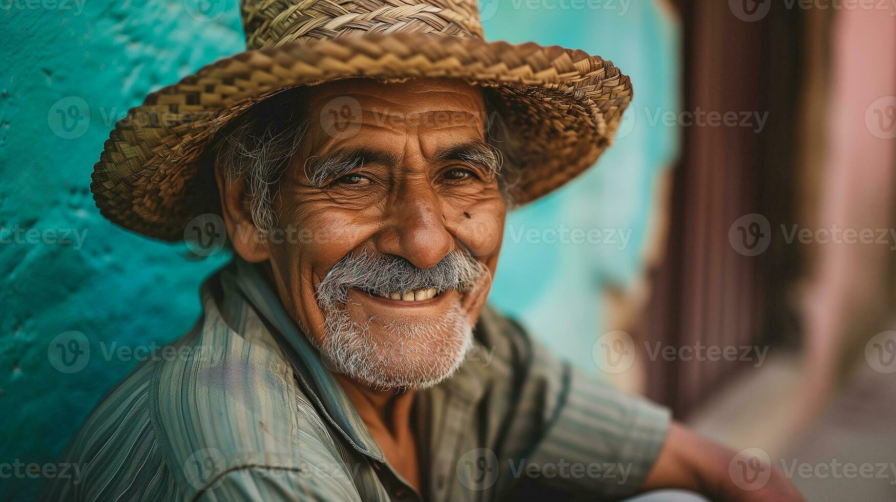 AI generated Portrait of a poor elderly Latin American. A laughing happy man. AI generated illustration. photo