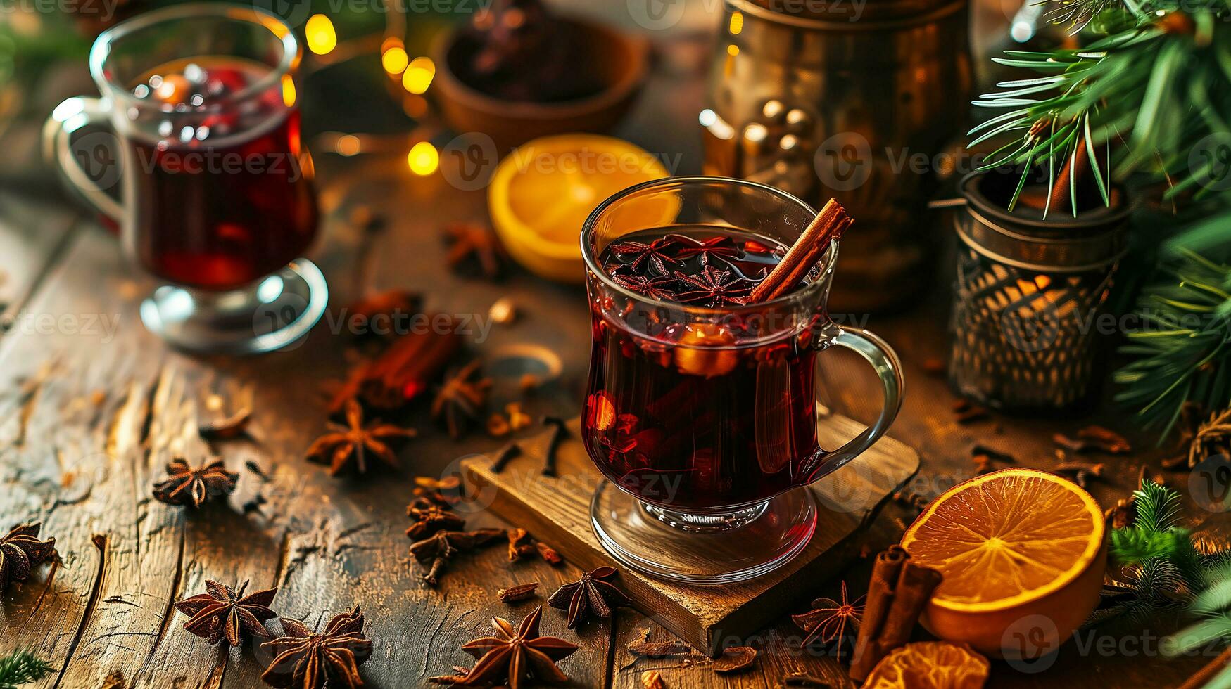 AI generated Mulled wine in beautiful glasses, fruits, oranges, cinnamon, a festive and cozy atmosphere. Photorealistic, background with bokeh effect. AI generated. photo