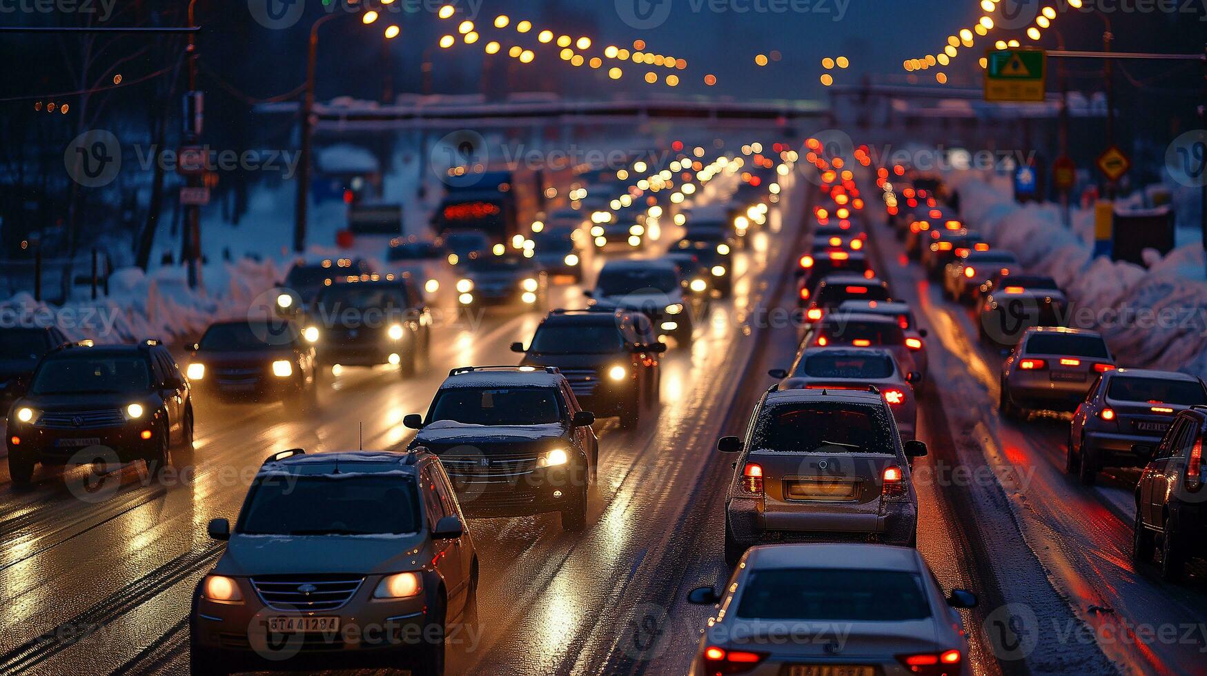 AI generated Traffic jams on the road in winter, winter holidays. Photorealistic, background with bokeh effect. AI generated. photo