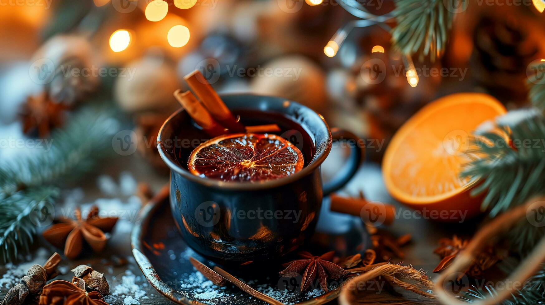 AI generated Mulled wine in beautiful glasses, fruits, oranges, cinnamon, a festive and cozy atmosphere. Photorealistic, background with bokeh effect. AI generated. photo