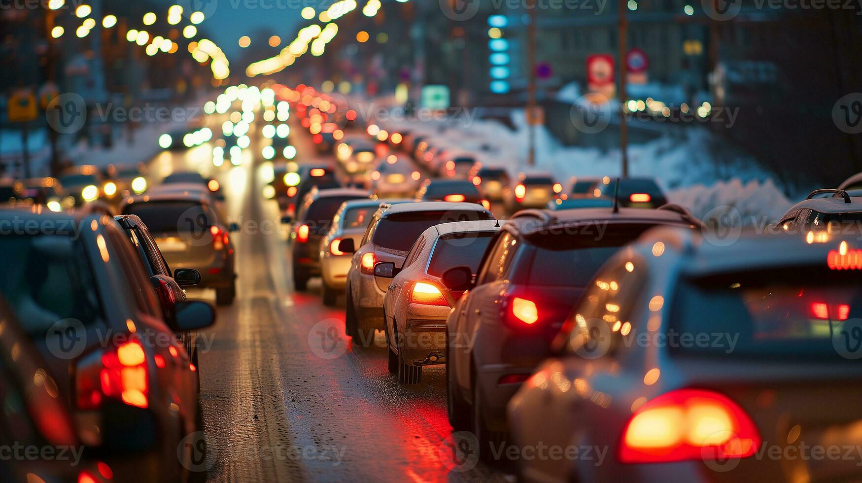 AI generated Traffic jams on the road in winter, winter holidays. Photorealistic, background with bokeh effect. AI generated. photo