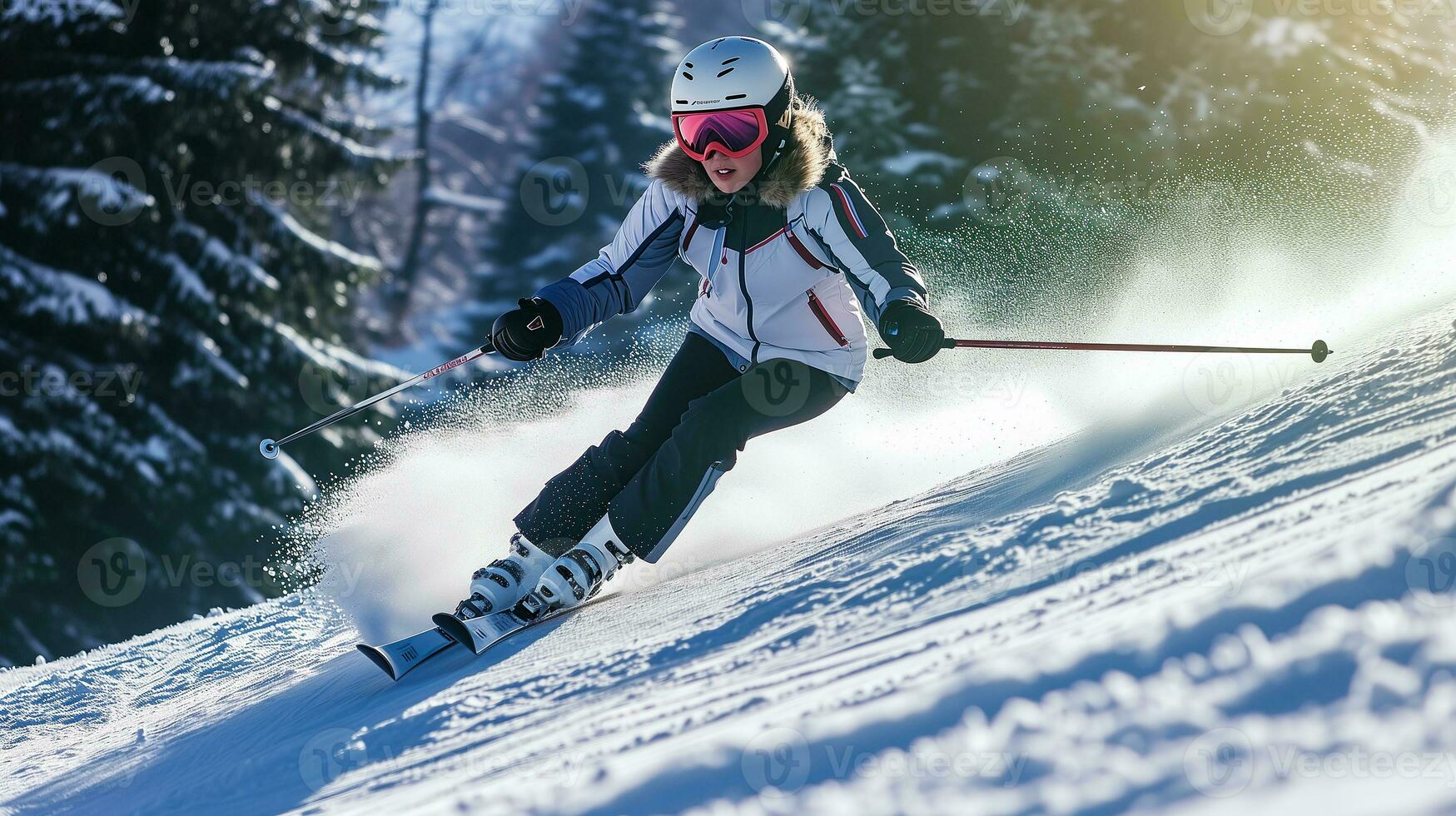 AI generated A young woman skiing down the mountain. Photorealistic, background with bokeh effect. AI generated. photo