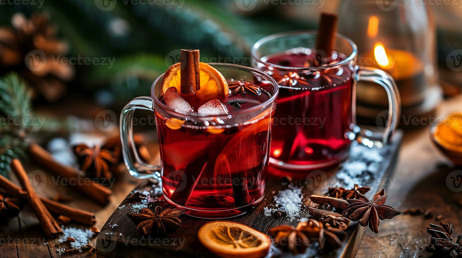 AI generated Mulled wine in beautiful glasses, fruits, oranges, cinnamon, a festive and cozy atmosphere. Photorealistic, background with bokeh effect. AI generated. photo