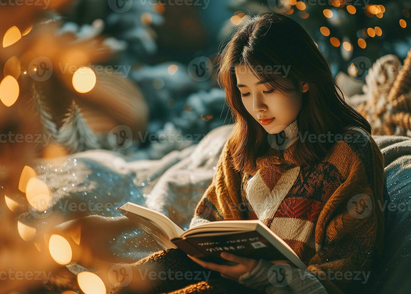 AI generated Young Asian woman is reading a book in a room decorated for the winter holidays. Photorealistic, background with bokeh effect. AI generated. photo