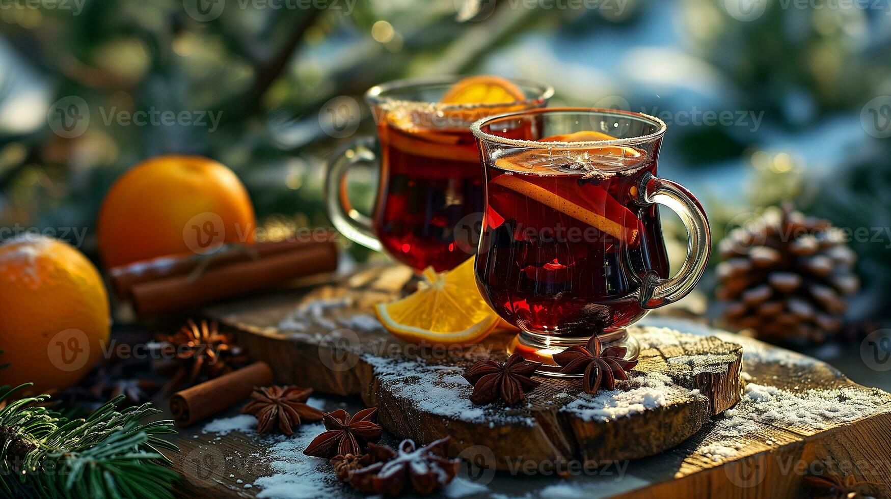 AI generated Mulled wine in beautiful glasses, fruits, oranges, cinnamon, a festive and cozy atmosphere. Photorealistic, background with bokeh effect. AI generated. photo