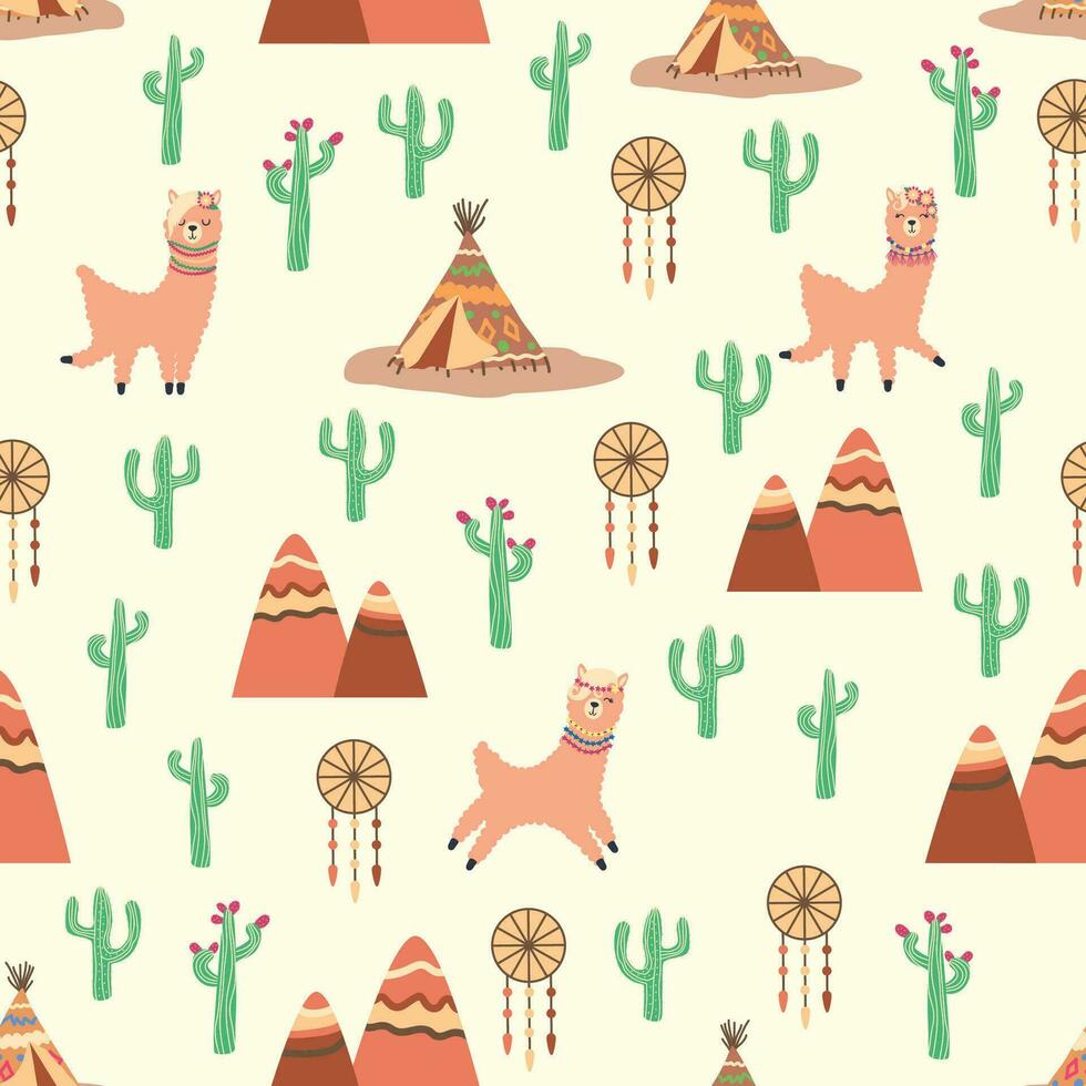 Cute pattern with llamas, cacti, Alps mountains, dream catcher, rainbows and hearts. Children s room design vector