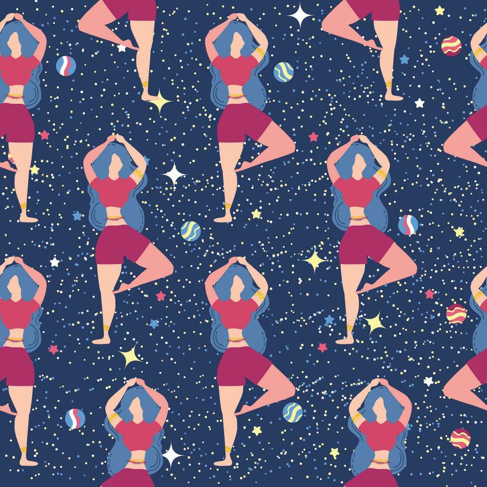 Seamless pattern Plus size curvy girls doing yoga class. Online home workout concept. Body positive vector