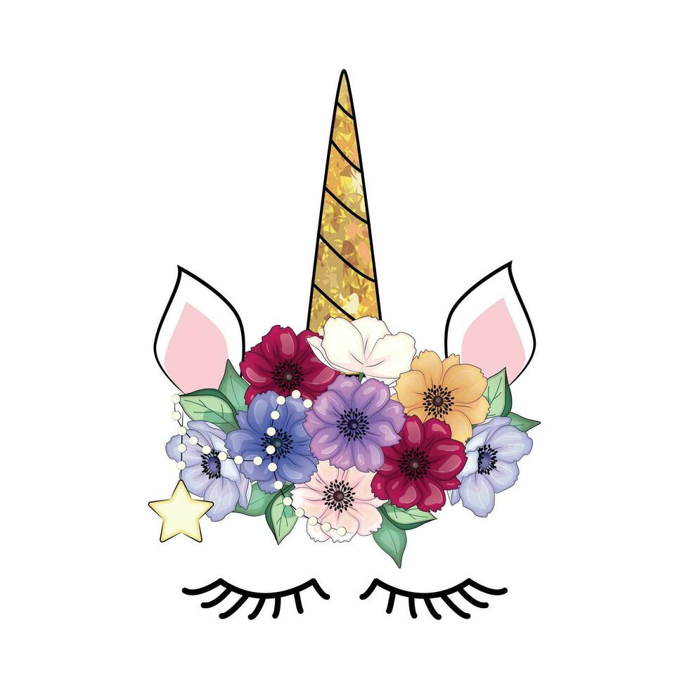 Cute unicorn head with flower crown. vector