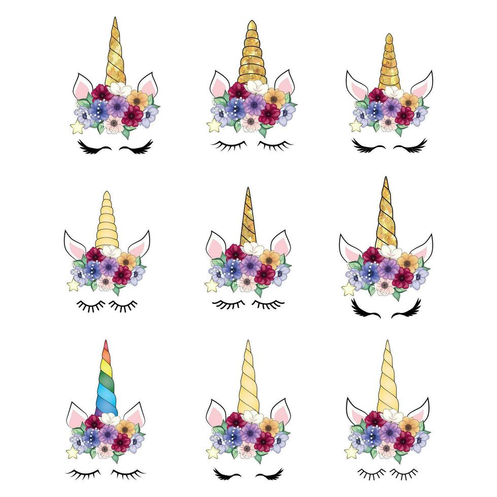 linda unicornio cabeza con flor corona. vector