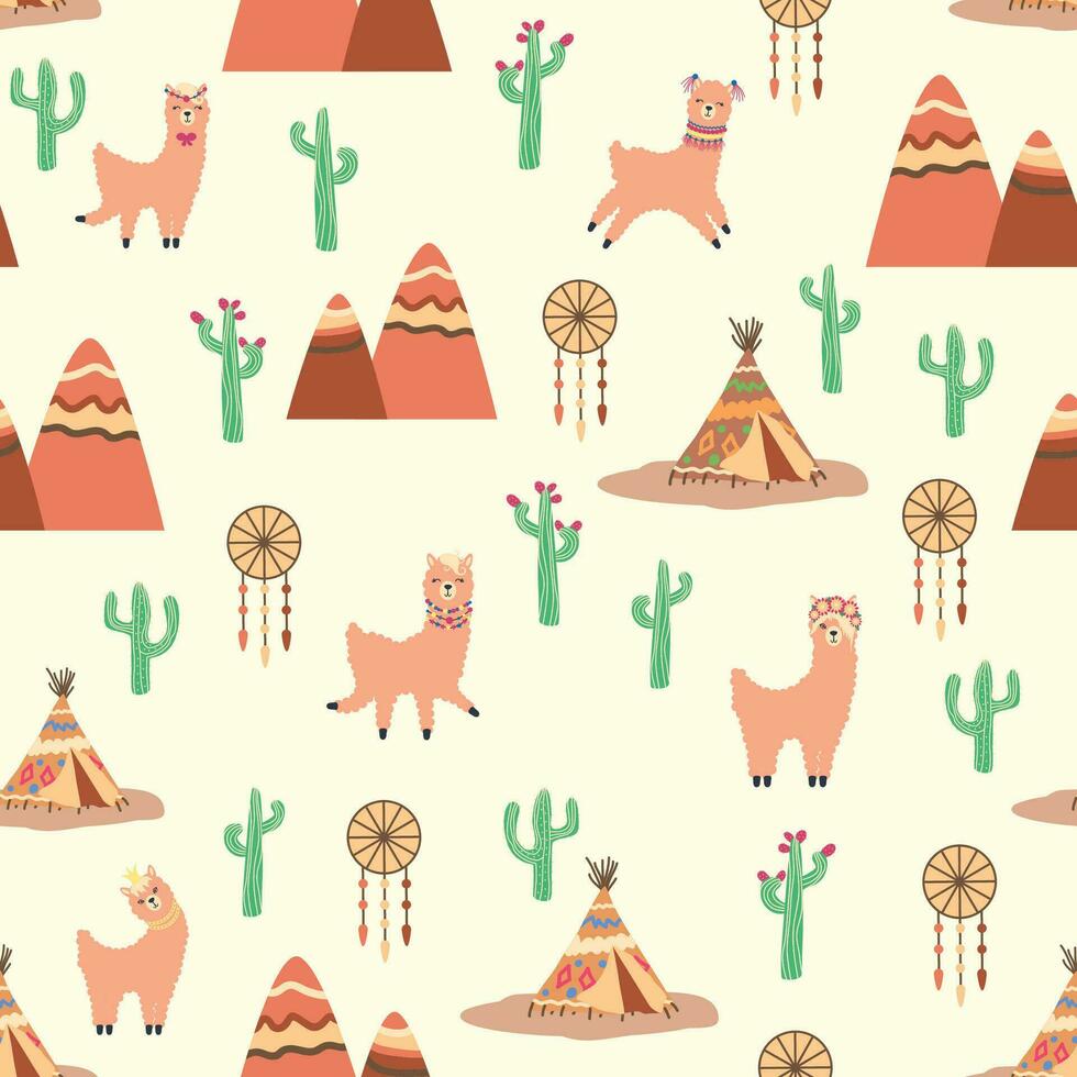 linda modelo con llamas, cactus, Alpes montañas, sueño receptor, arcoiris y corazones. niños s habitación diseño vector