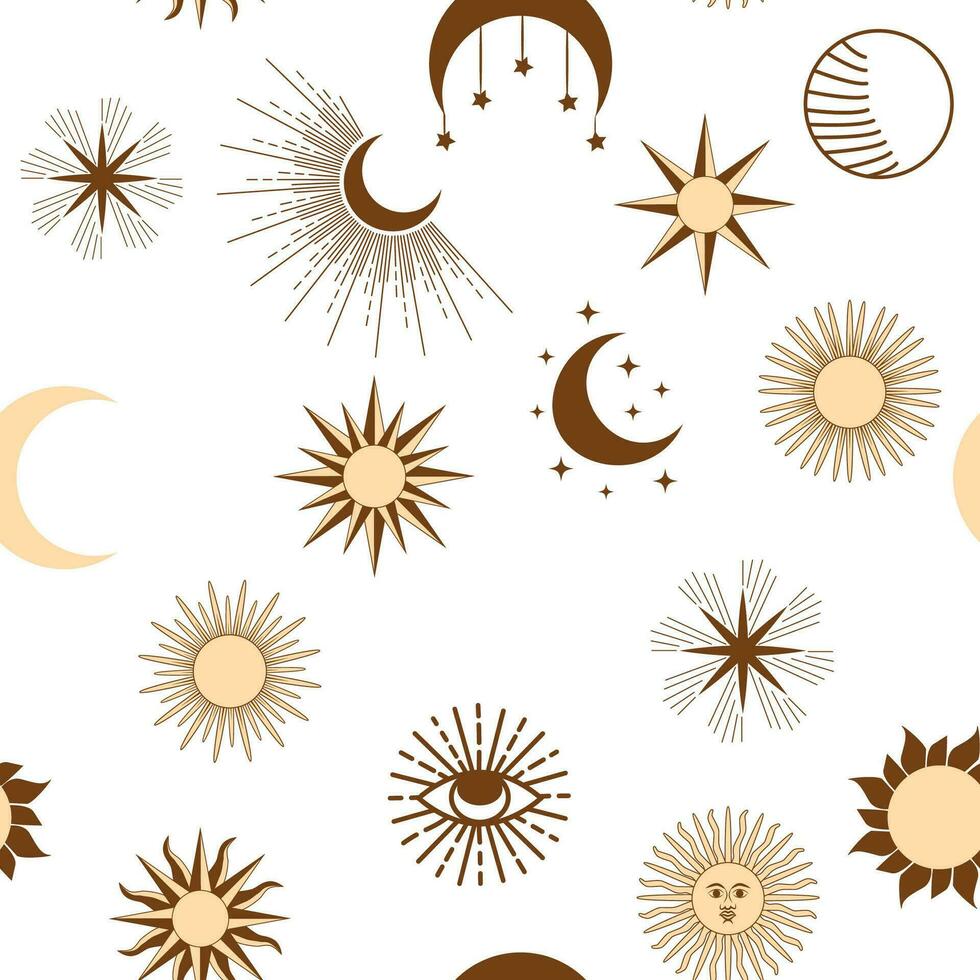 Magic seamless pattern with constellations, sun, moon, magic eyes, clouds and stars. Mystical esoteric vector