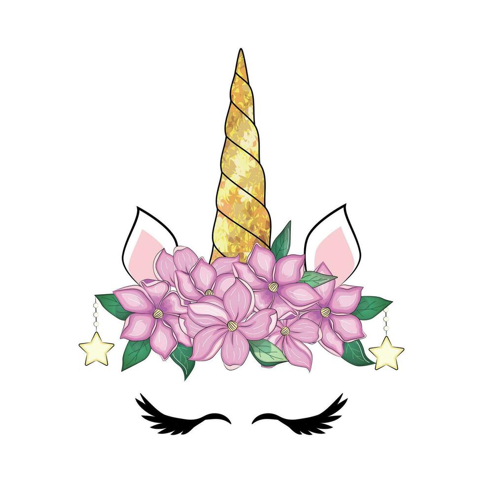 linda unicornio cabeza con flor corona. vector