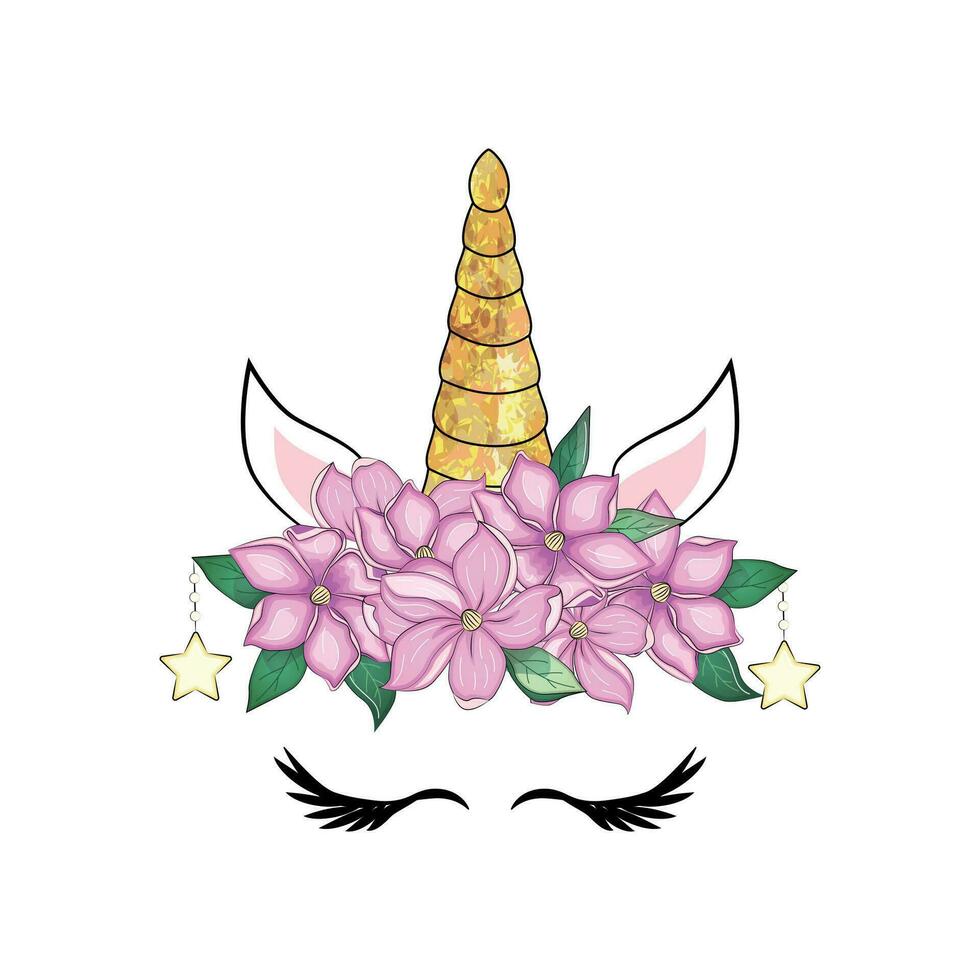 linda unicornio cabeza con flor corona. vector