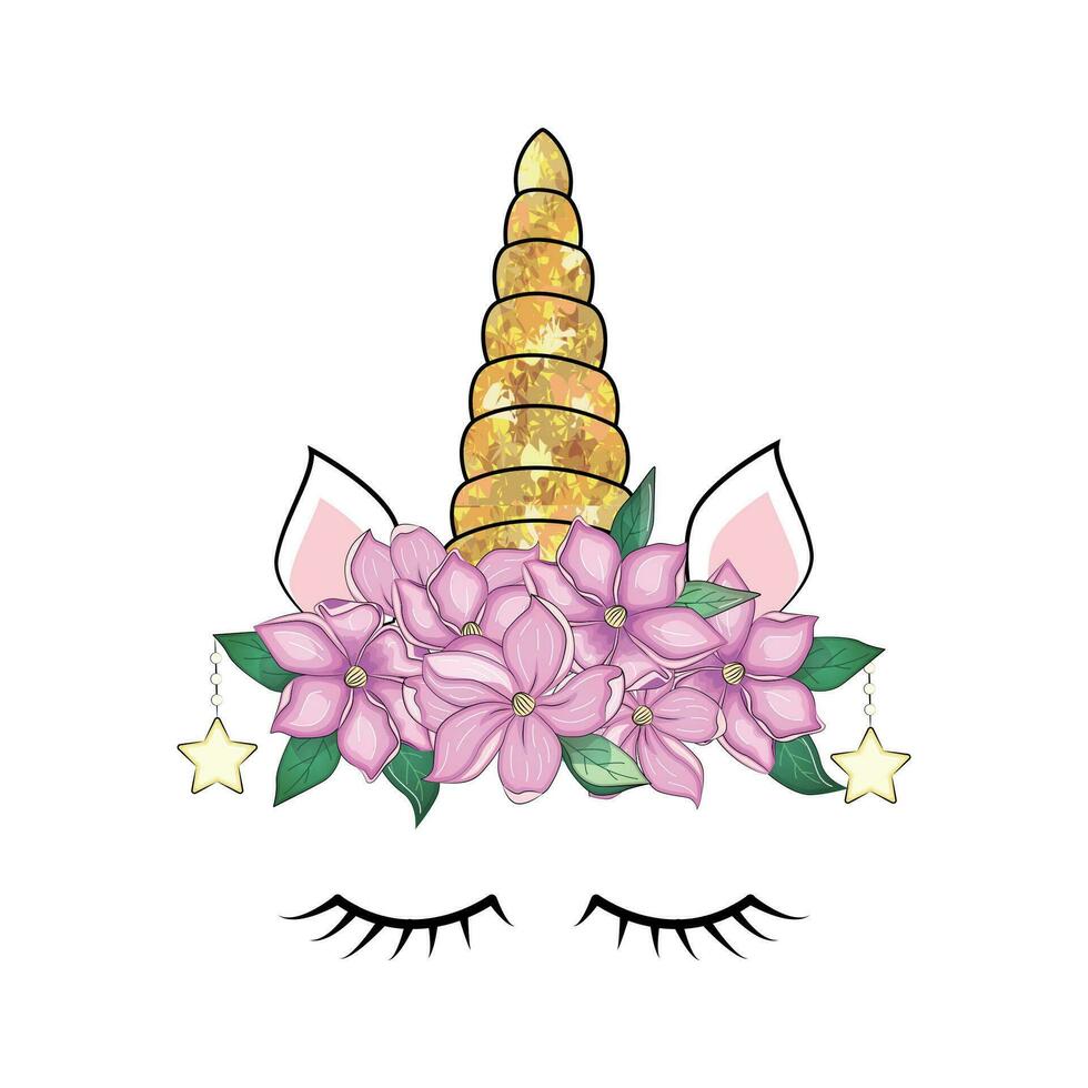 linda unicornio cabeza con flor corona. vector