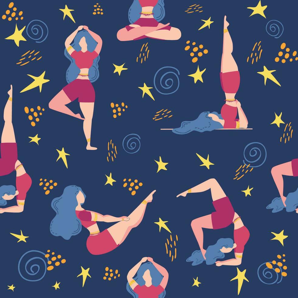 Seamless pattern Plus size curvy girls doing yoga class. Online home workout concept. Body positive vector