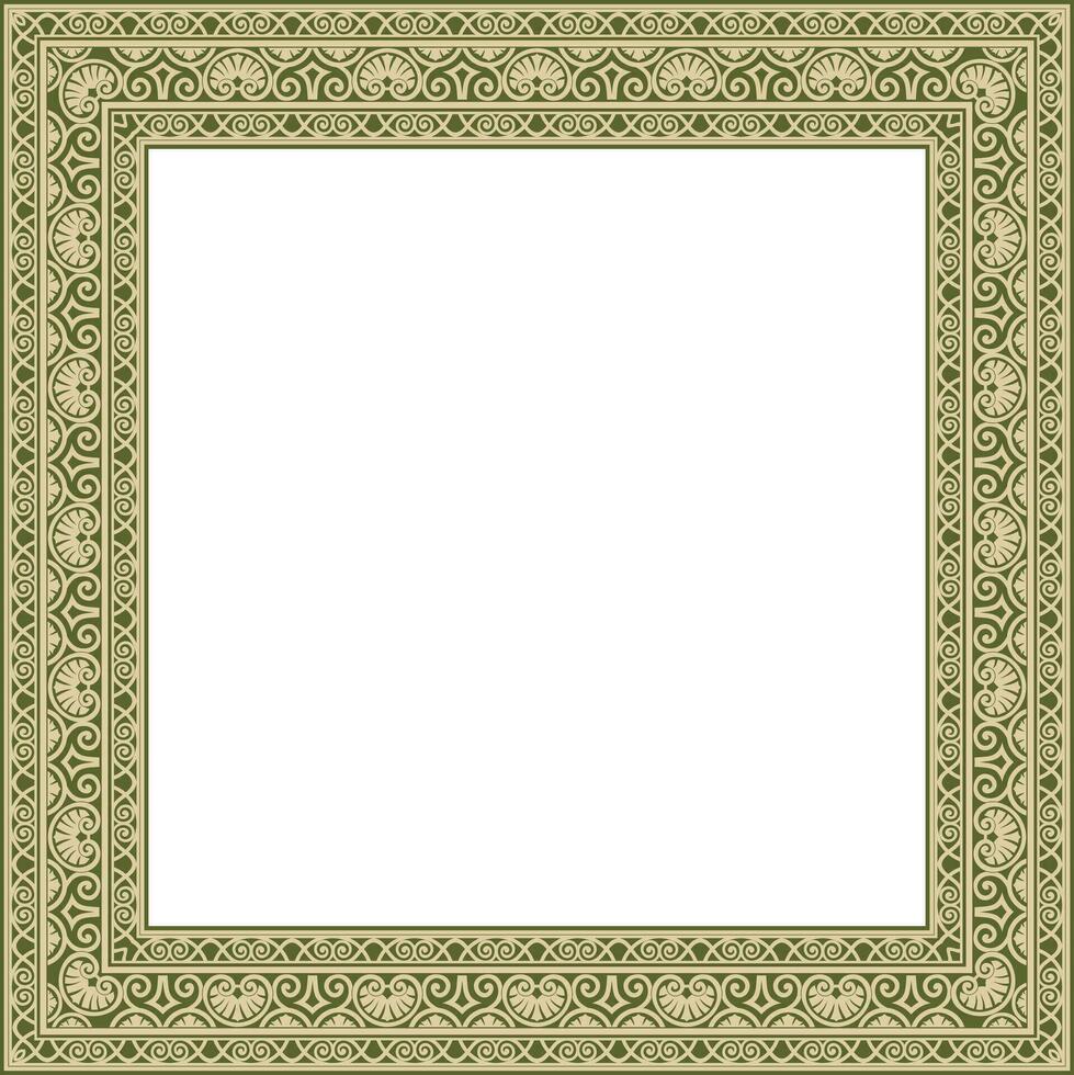 Vector gold and green square classic renaissance ornament. Endless european border, revival style frame