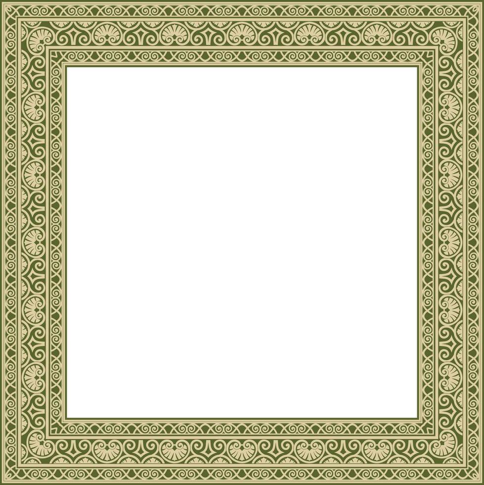 Vector gold and green square classic renaissance ornament. Endless european border, revival style frame