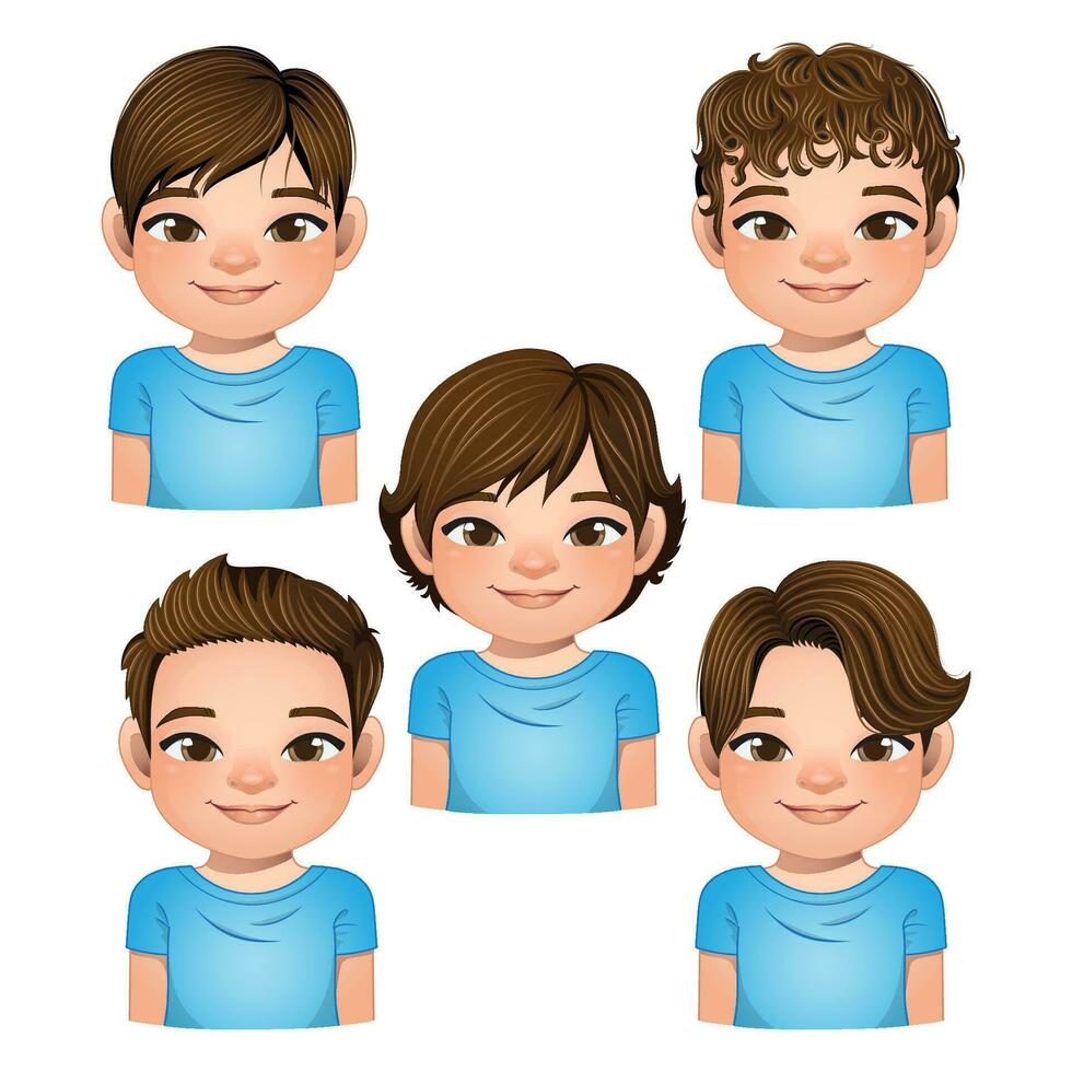 Set of hairstyle for boys, boys faces, avatars, brown hair kid heads different hairstyle vector