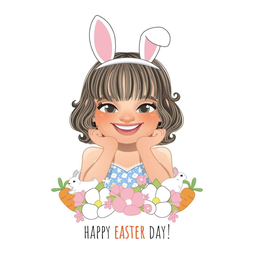 Happy Easter Day with Smiling Girl Posing Hand Under Chin Wearing Bunny Ears Headband and Easter Bunny and Spring Flowers Cartoon Character Vector