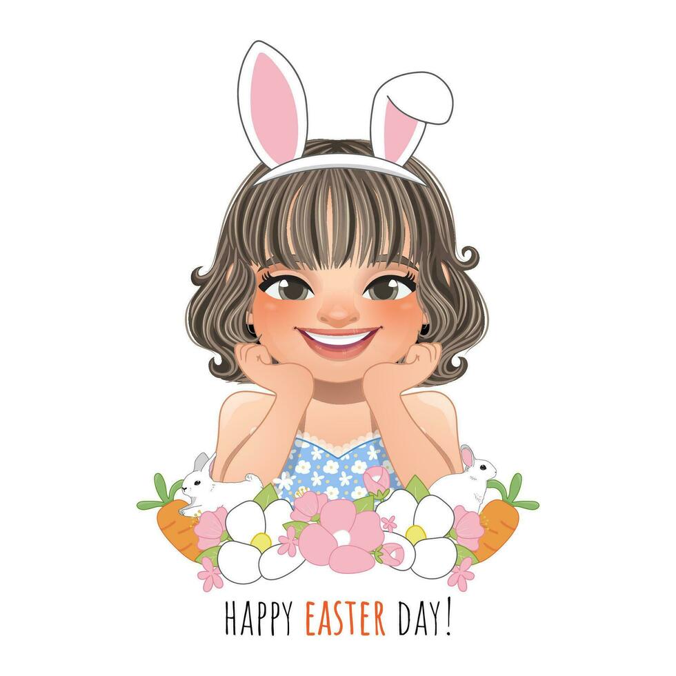 contento Pascua de Resurrección día con sonriente niña posando mano debajo barbilla vistiendo conejito orejas venda y Pascua de Resurrección conejito y primavera flores dibujos animados personaje vector