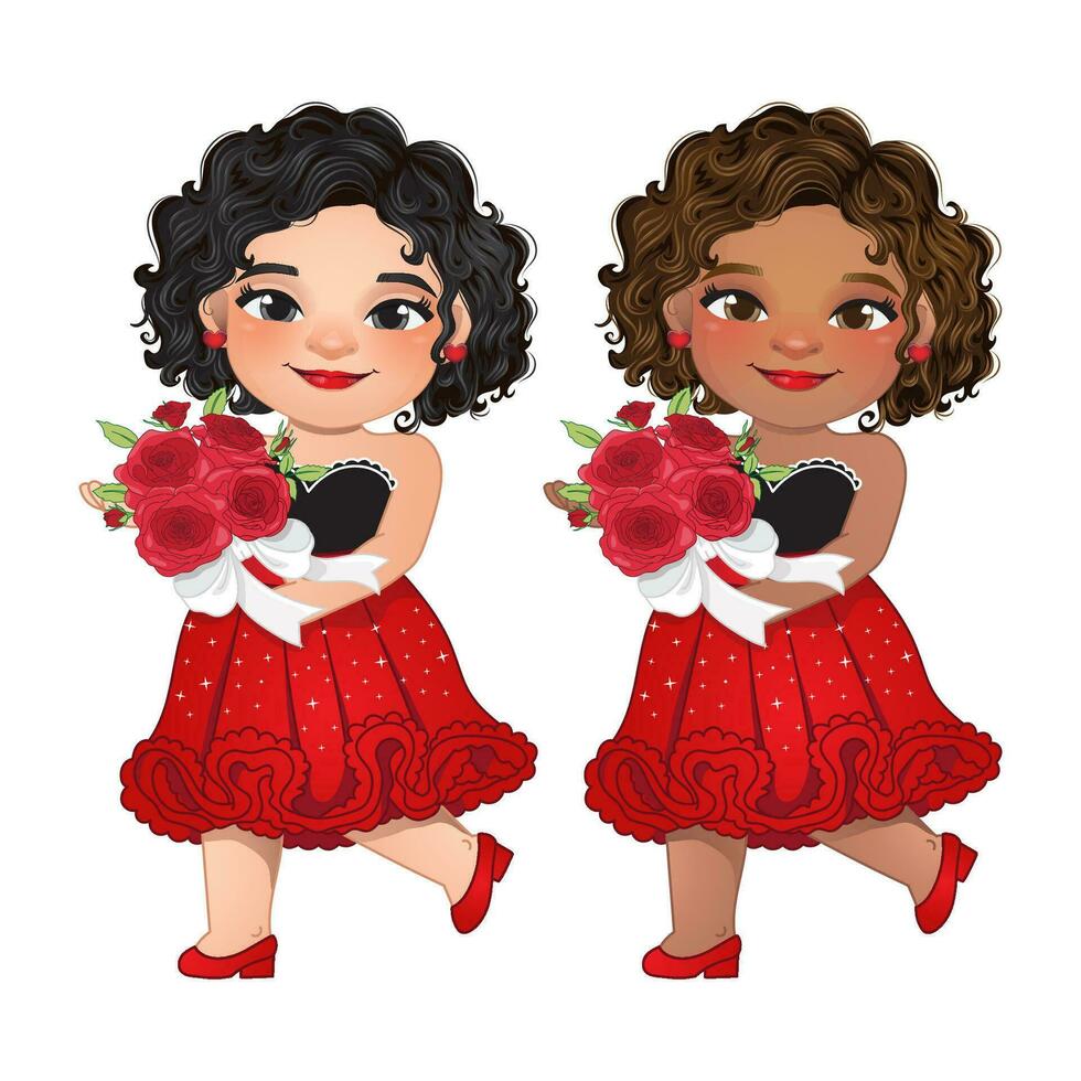 Valentine design concept with red dress woman holding red roses in hands. Bride cartoon. Vector illustration