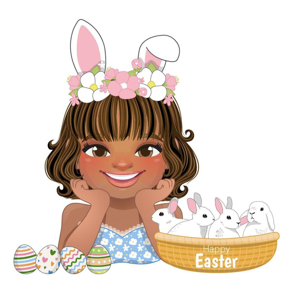 contento Pascua de Resurrección día con sonriente negro niña posando mano debajo barbilla vistiendo conejito orejas venda y Pascua de Resurrección conejito cesta dibujos animados personaje vector