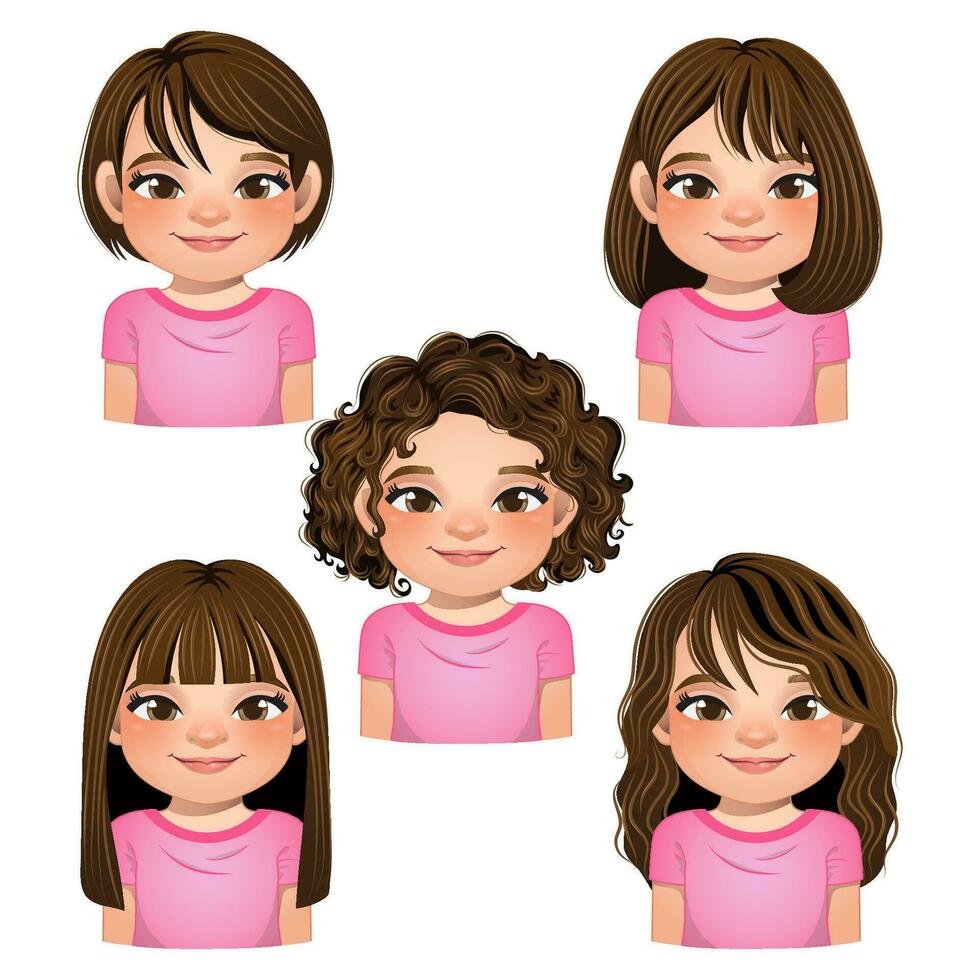 conjunto de peinado para chicas, muchachas caras, avatares, marrón pelo niño cabezas diferente peinado vector