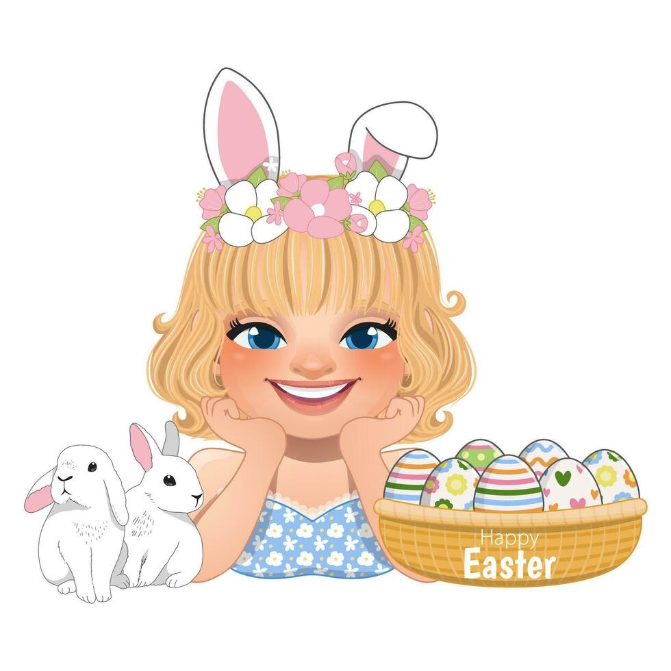 Happy Easter Day with Smiling Girl Posing Hand Under Chin Wearing Bunny Ears Headband and Easter Eggs Basket Cartoon Character Vector