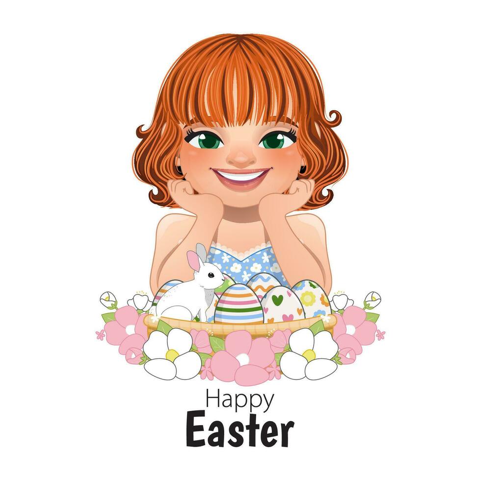 contento Pascua de Resurrección día con sonriente niña posando mano debajo barbilla y Pascua de Resurrección huevos cesta dibujos animados personaje vector