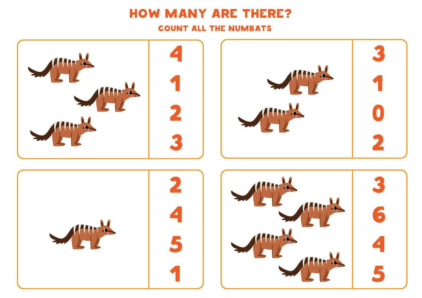 Count all cute cartoon brown numbats and circle the correct answers. vector