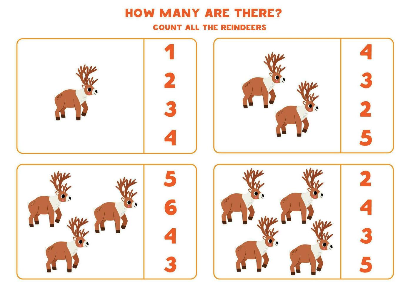 Count all cute cartoon reindeer and circle the correct answers. vector