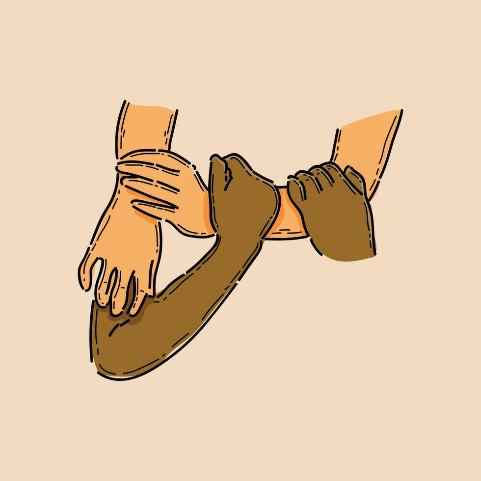 hug hand illustration vector design, diversity, couple of lovers isolated in brown cream color background