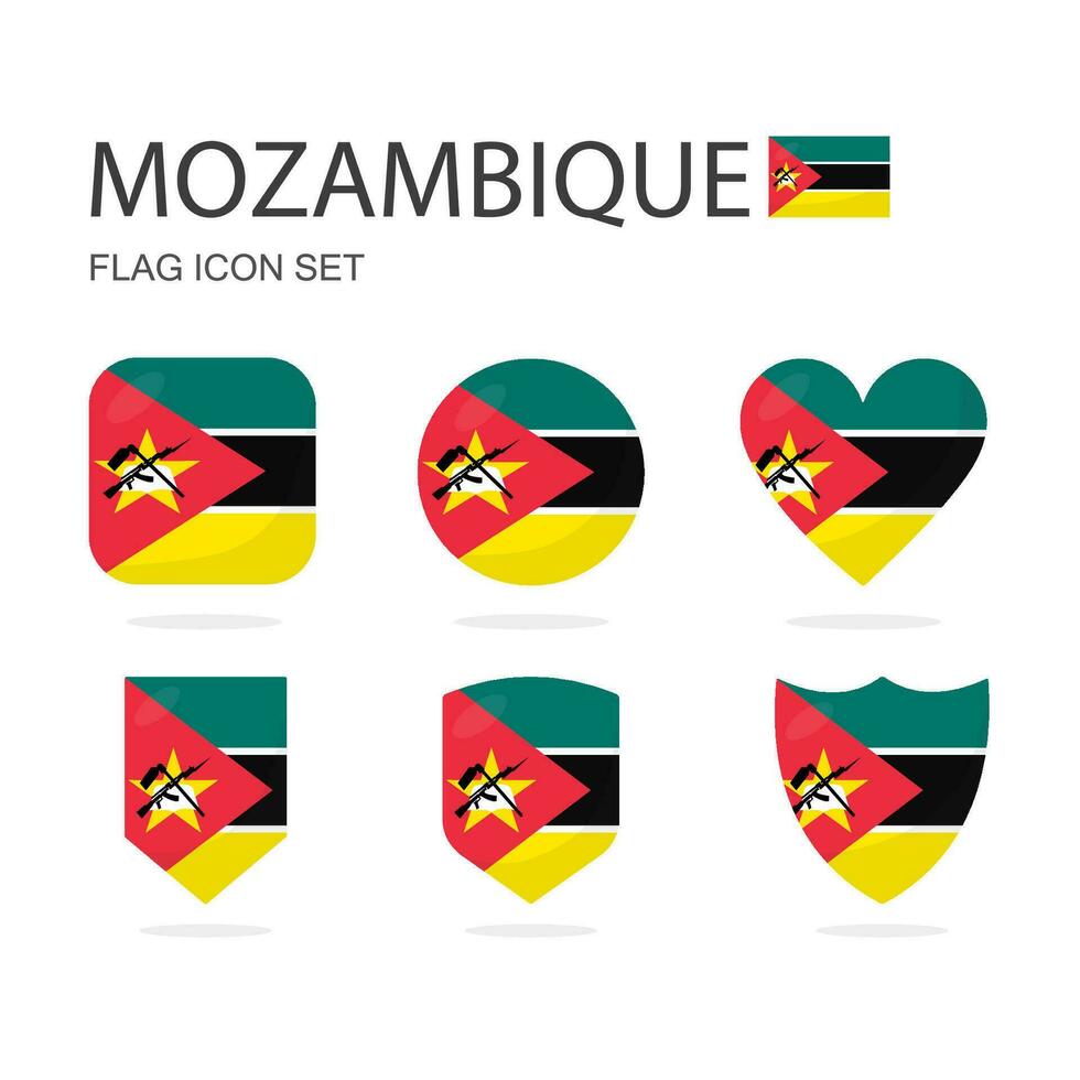 Mozambique 3d flag icons of 6 shapes all isolated on white background. vector