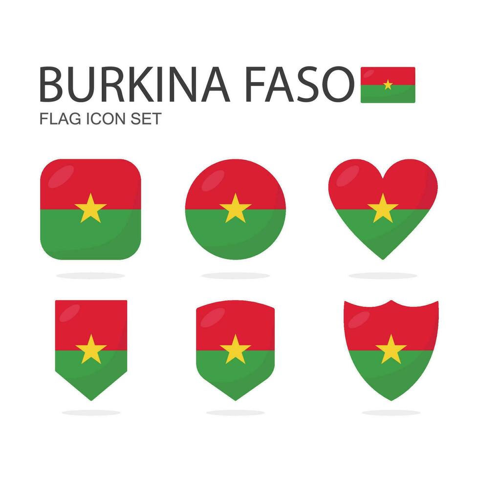 Burkina Faso 3d flag icons of 6 shapes all isolated on white background. vector