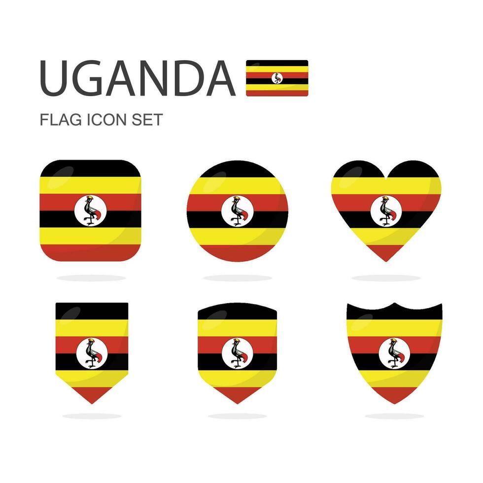 Uganda 3d flag icons of 6 shapes all isolated on white background. vector