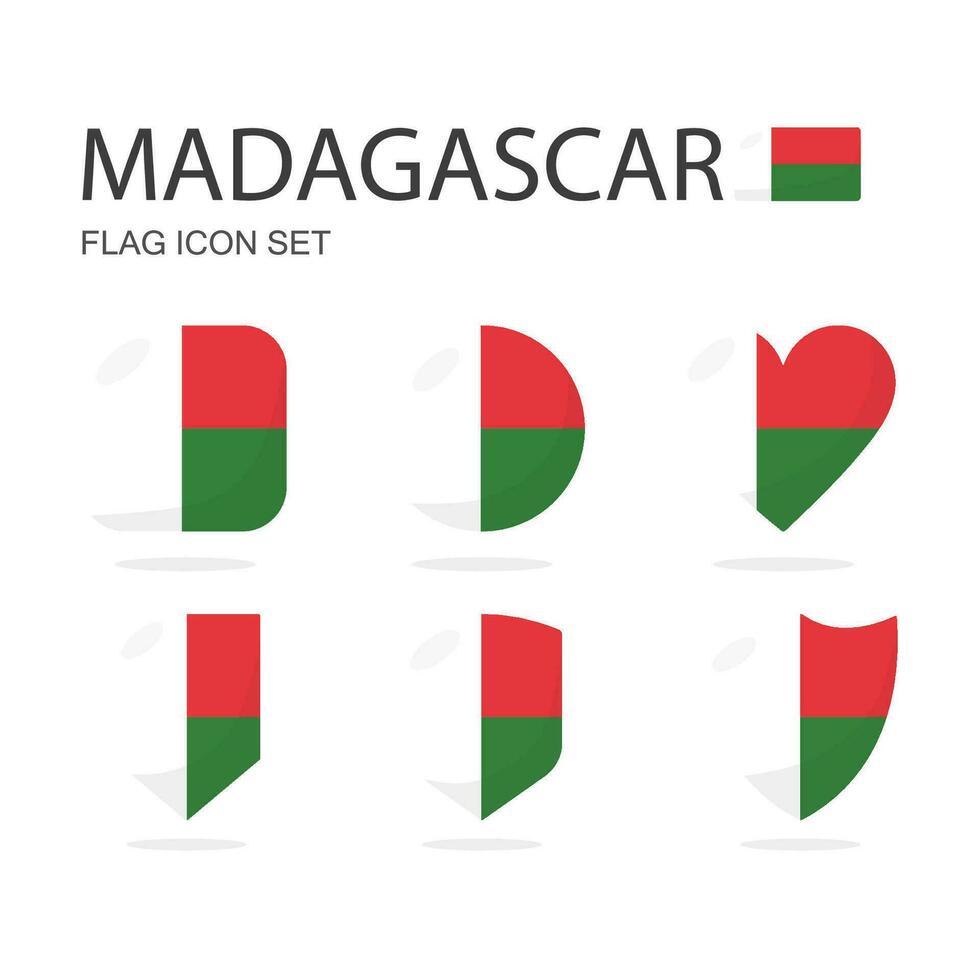 Madagascar 3d flag icons of 6 shapes all isolated on white background. vector
