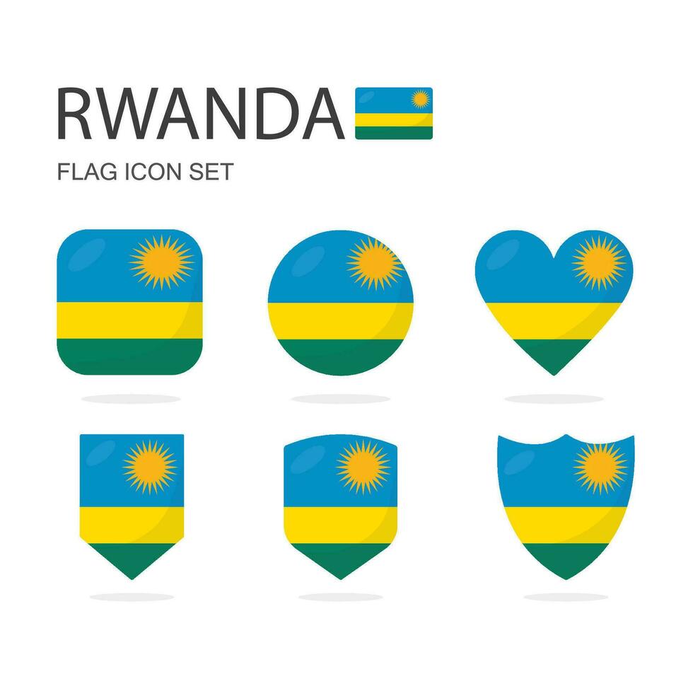 Rwanda 3d flag icons of 6 shapes all isolated on white background. vector