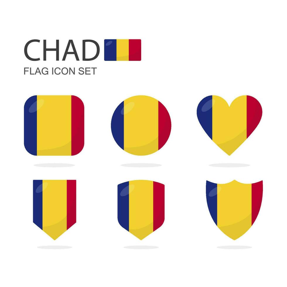 Chad 3d flag icons of 6 shapes all isolated on white background. vector