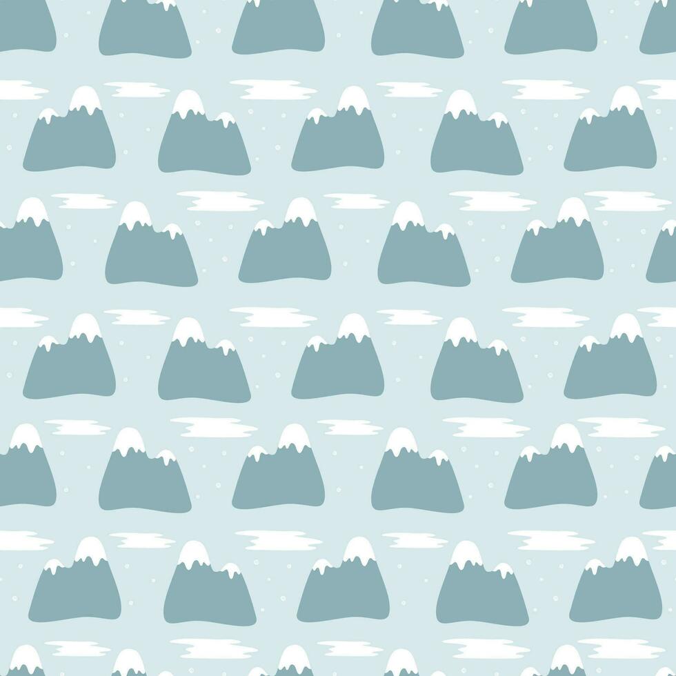 Seamless pattern with snowy weather mountains. Randomly placed mountains with snowy peak. vector
