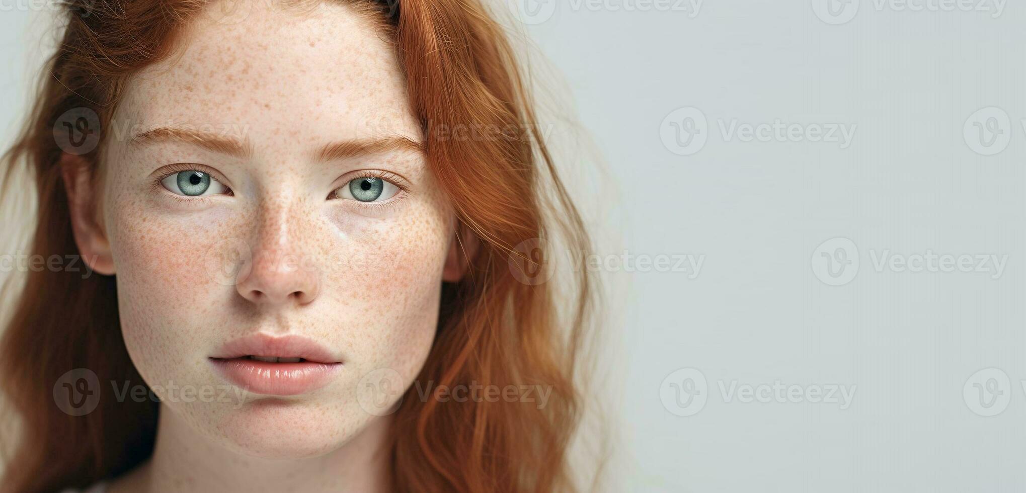 ai generado retrato de recortado calma caucásico joven mujer cara con pecas foto