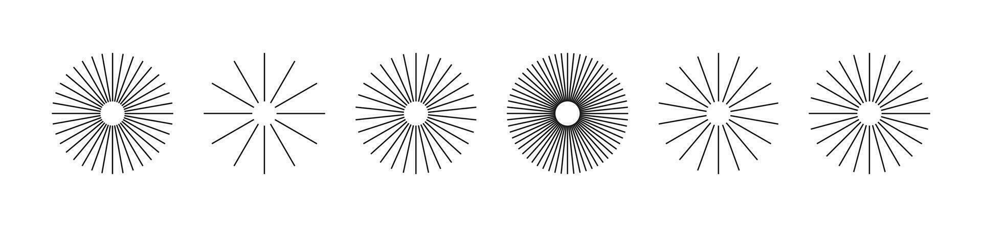 Starburst stripe round set. Ray lines emanate from the center of the circle. Pack of geometric elements. Isolated vector illustration on white background.