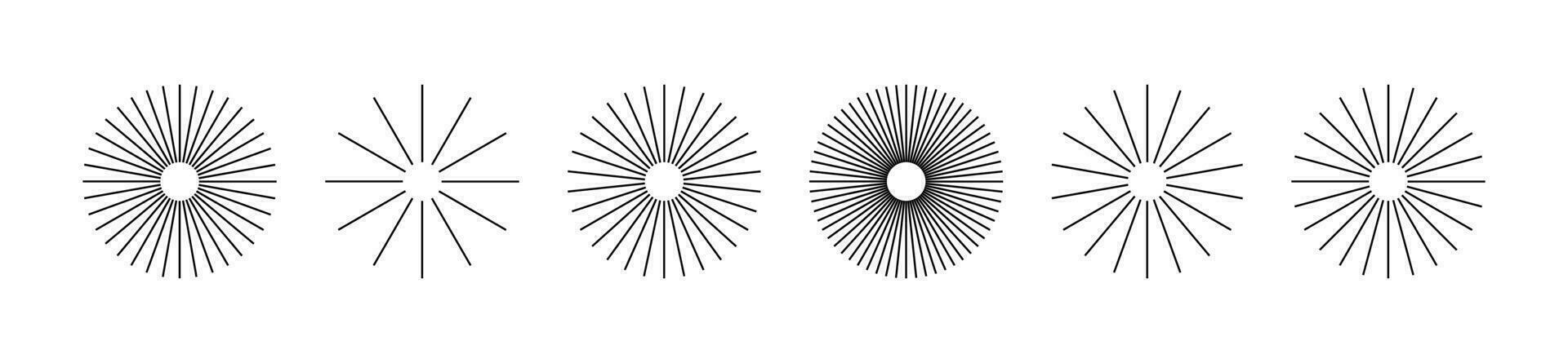 Starburst raya redondo colocar. rayo líneas emanar desde el centrar de el círculo. paquete de geométrico elementos. aislado vector ilustración en blanco antecedentes.