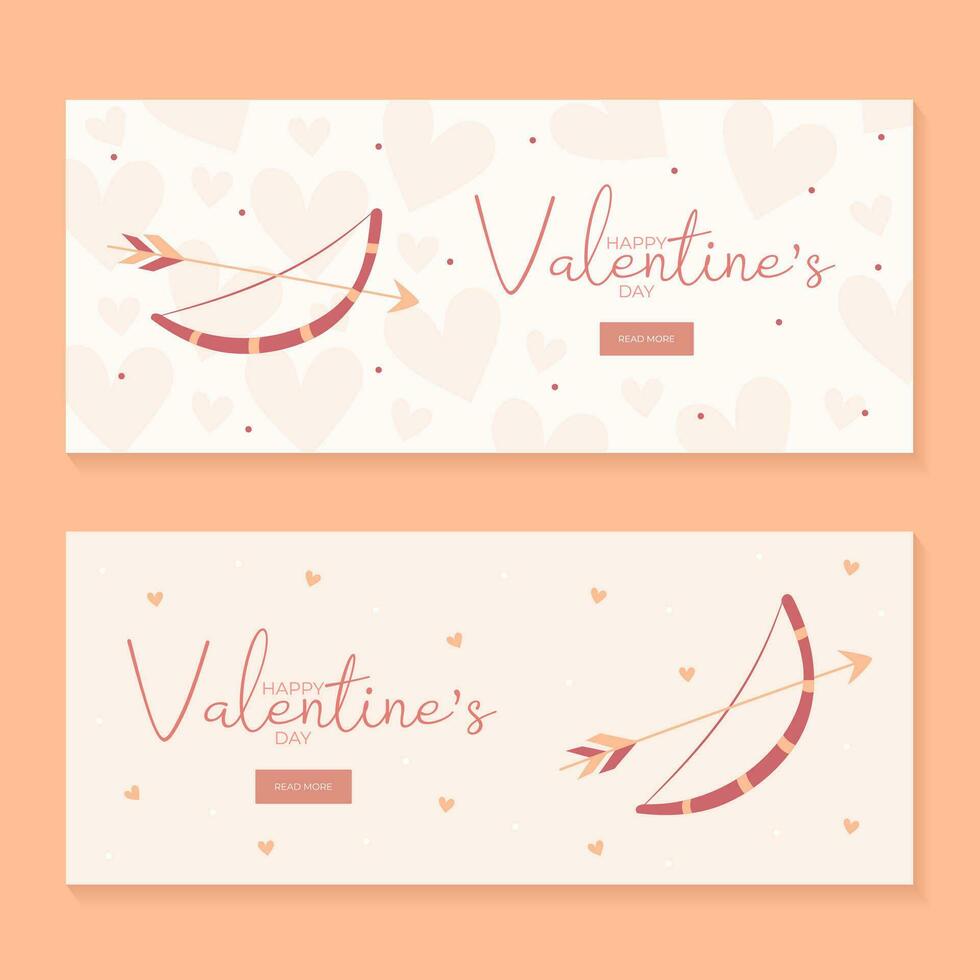 Set of hand draw banners with bow and arrow hearts for Valentine's day. Happy Valentine's day and button read more. Peach fuzz, red, brow and pink colors.Cartoon style. Web vector illustration