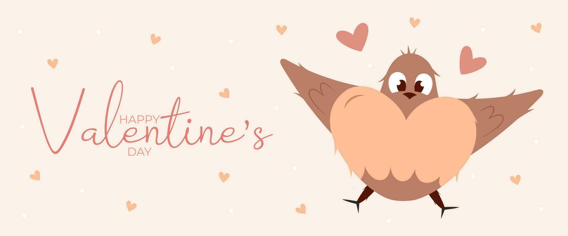 Single hand draw banner with flying bird and hearts for Valentine's day. Happy Valentine's day and button read more. Peach fuzz, red, brow and pink colors.Cartoon style. Web vector illustration