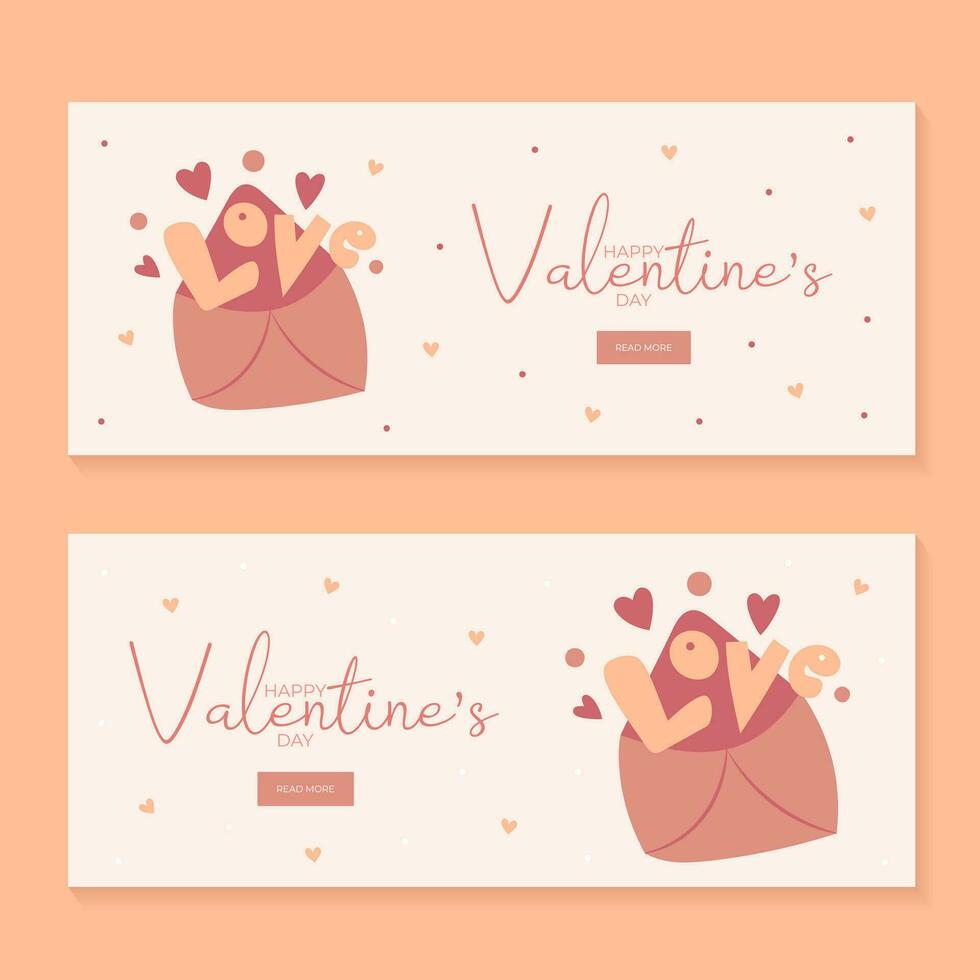 conjunto de mano dibujar pancartas con sobre corazones y palabra amor para San Valentín día. contento San Valentín día y botón leer más. melocotón pelusa, rojo, frente y rosado colores.dibujos animados estilo. vector ilustración